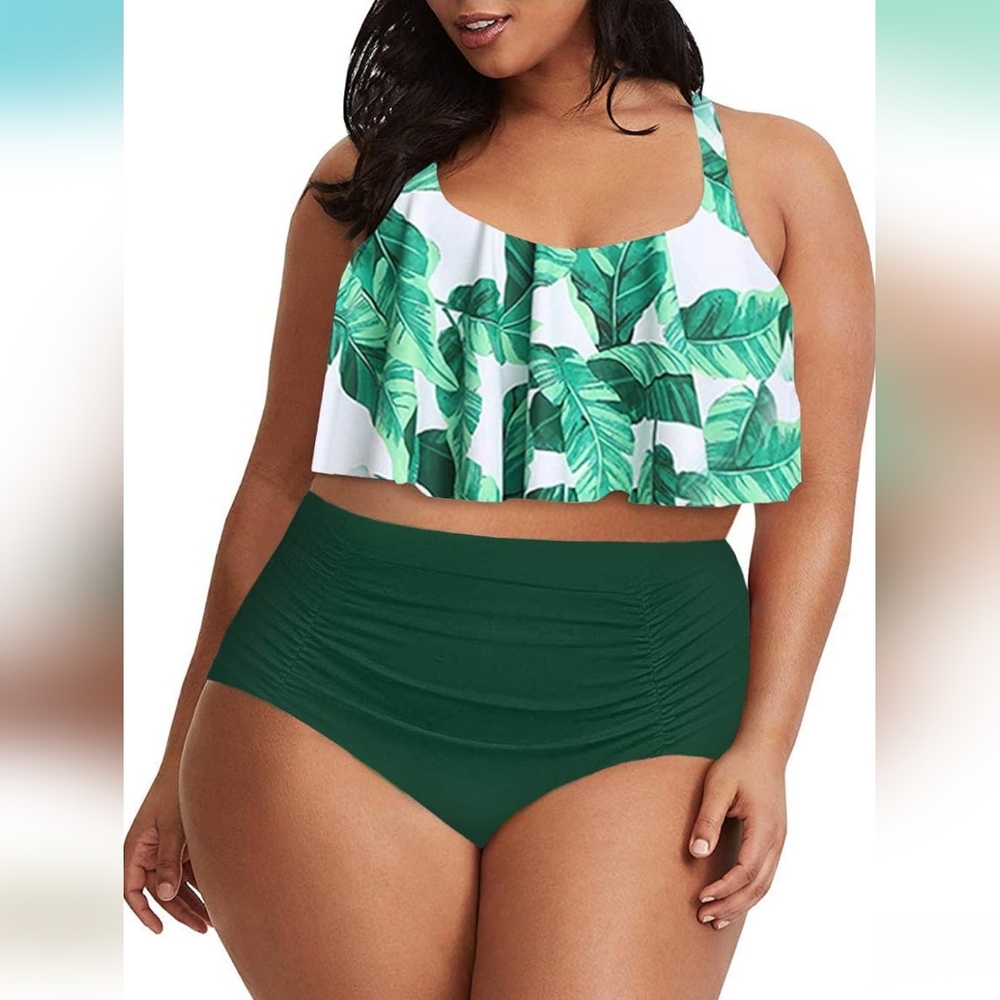 NEW Plus Size Two-Piece Peplum High Waisted Tankini (Green/White) - Tutorutor